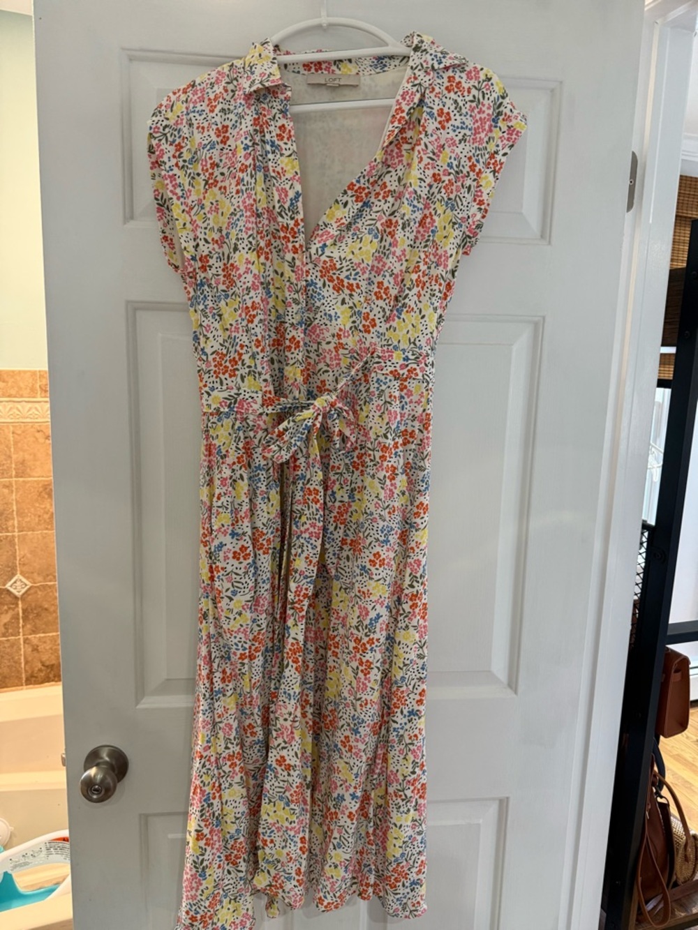 LOFT Floral Button-Front Midi Dress in White with Multicolor Print
